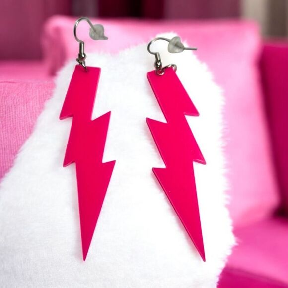 Neon Pink Lightning Bolt Earrings Blacklight Glow Party Glowwave 80s Retro Dark - Picture 4 of 7